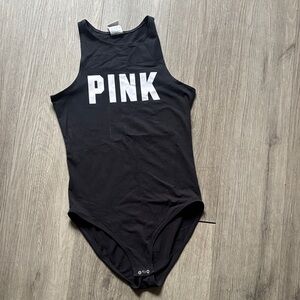PINK Victoria's Secret Black Bodysuit with White Text